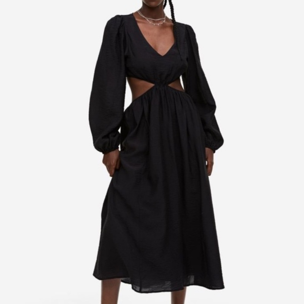 H&M Black Twist Front Plunge V-Neck Long Sleeve Cutout Midi Maxi